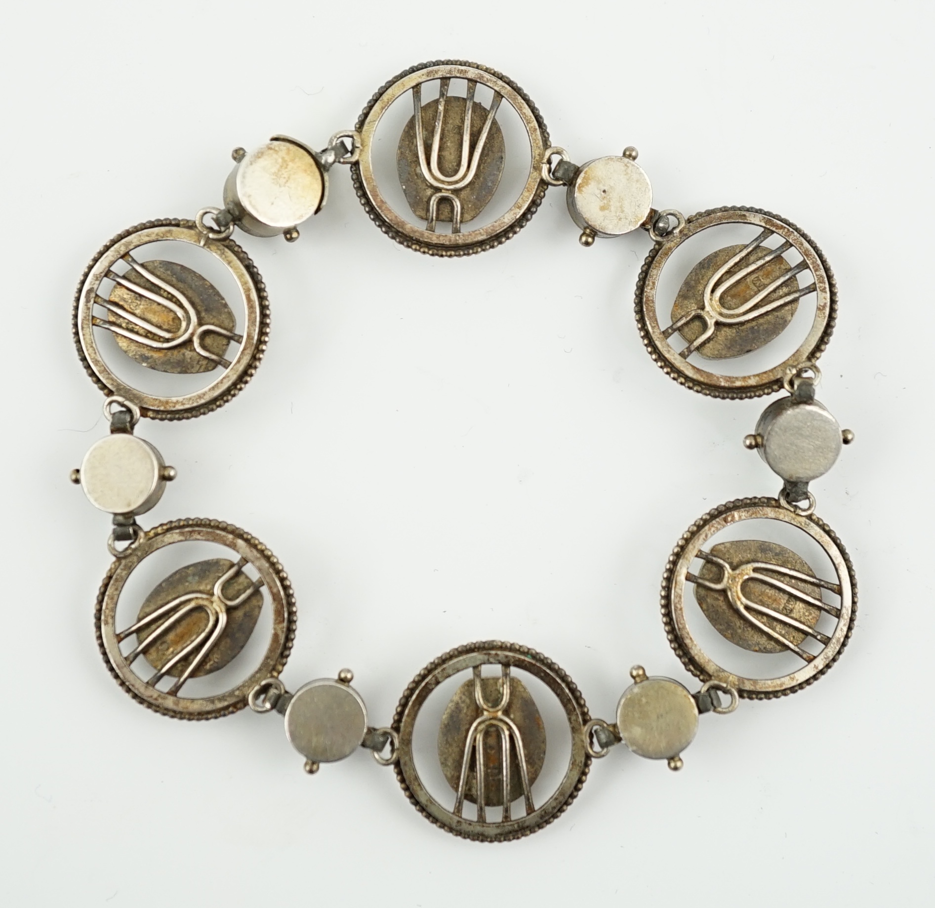 A late 19th/early 20th century parcel gilt silver and micro mosaic set 'scarab' bracelet